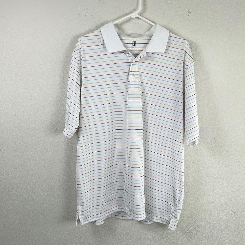 PGA Tour Polo Shirt Mens Size XL White Multicolor Stripe Short Sleeve Golf